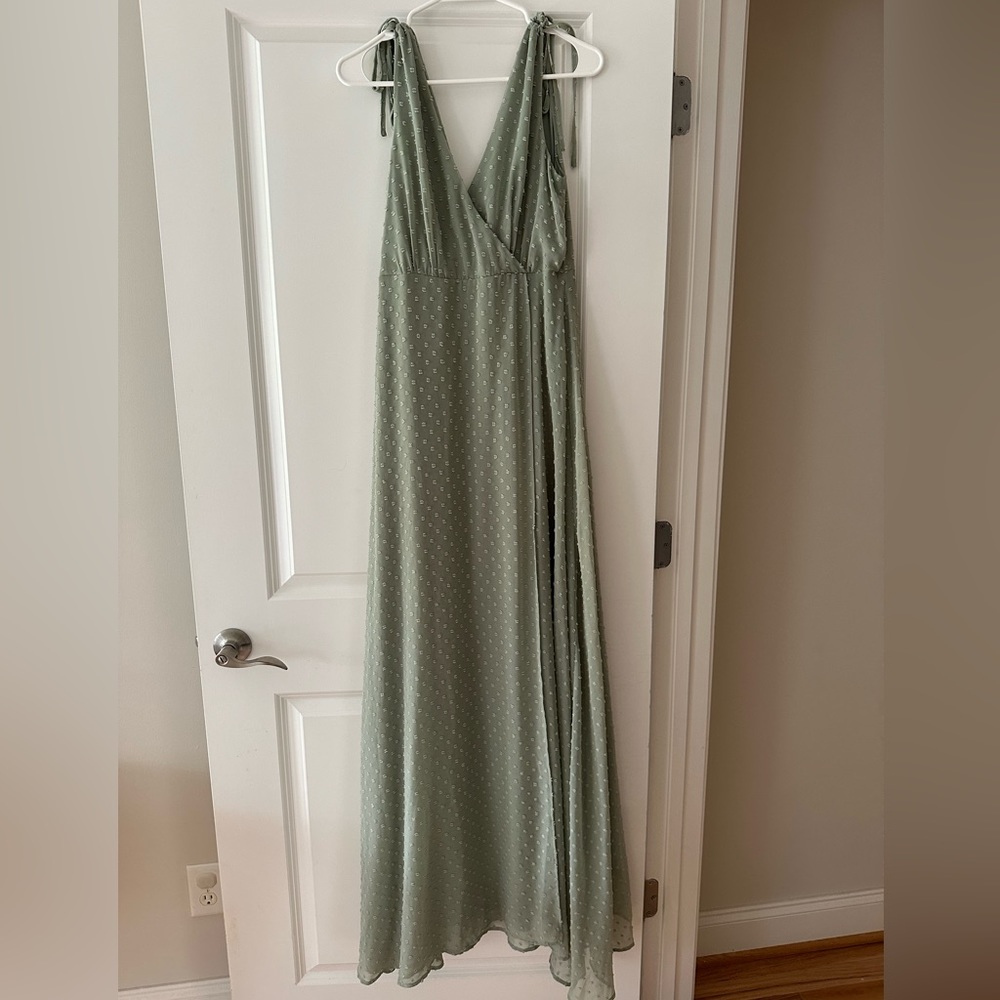 Lulus Romantic Possibilities Sage Brush Swiss Dot Maxi Dress